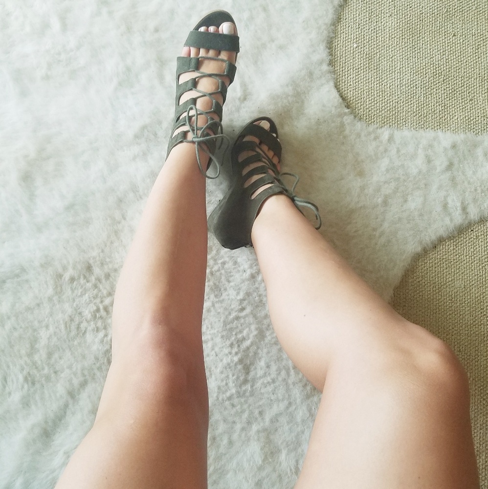 Army green lace up wedges